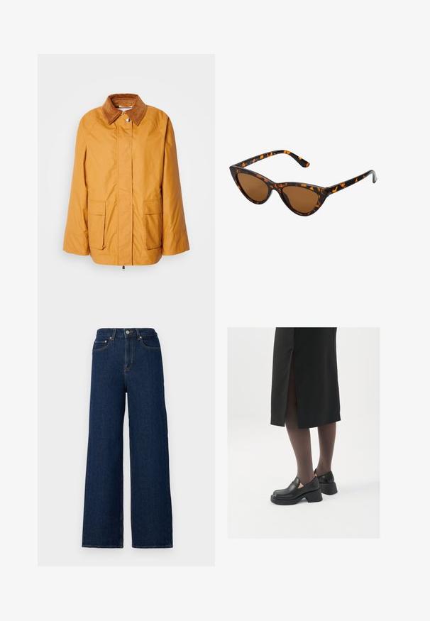 Kollane kerge jakk pruuni vööriiga, kahel eesmisel taskul ja sirge lõikega. Sile kangas, millel on minimaalne õmbluste detailide arv.; Valge ilma varrukateta T-särk, mis on valmistatud ribakangast, ümarate kaelustega ja kitseneva siluetiga, minimaalse õmbluste ning ilma kaunistusteta.; Tumedast denimist laiad püksid, mis on kõrge taljega, klassikalise viie taskuga disainiga ja kontrastsete nöörikutega õmbluste ääres.; Mustad mustad jalatsid ümmarguse varbaga, paksu plokkniidi ja elastsete külgdetailidega, kombineeritud tumedate sukkade ja musta lõhikuga seelikuga.; Kassi vormiga prillid musta ja oranži kilpkonnakujulise raami, pruunide läätsede ja elegantsete teravate otstega. Templi juures on minimaalne logo.; Kuldne rõngassõrmused sileda ja läikiva viimistlusega. Ringikujuline disain, millel on väike post ja selge tagumine külg, et tagada kindel kandmine.