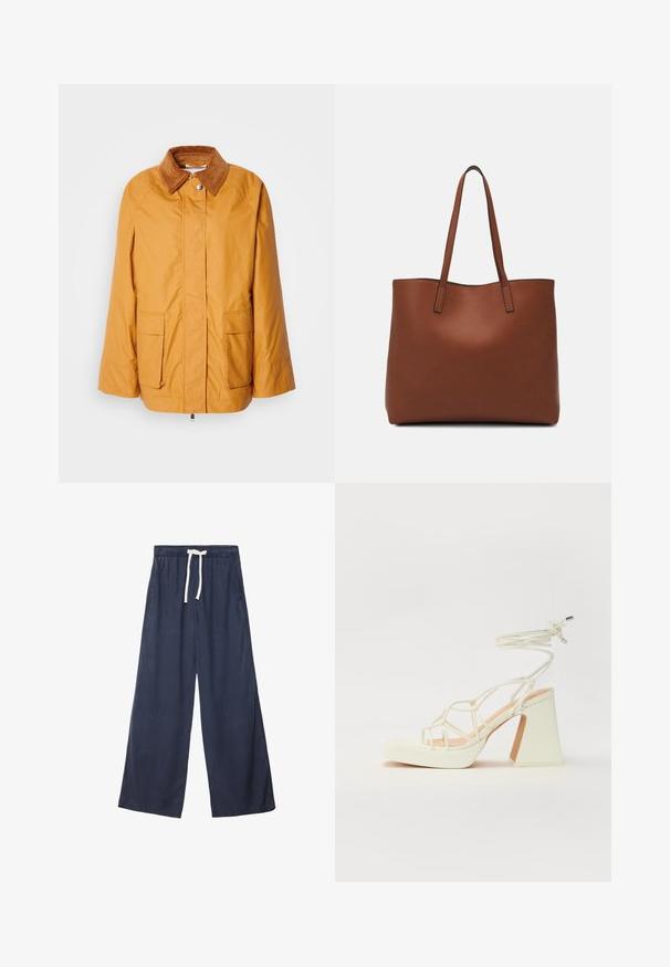 Gelbe leichte Jacke mit einem braunen Cordkragen, zwei Fronttaschen und geradem Schnitt. Glattes Material mit minimalen Nähdetails.; Weißes T-Shirt mit kurzen Ärmeln aus Baumwolle. Hat einen Rundhalsausschnitt und eine lockere Passform. Glatte Textur ohne sichtbare Muster oder Akzente.; Marineblaue, weit geschnittene Hose aus einem weichen, strukturierten Stoff. Mit einem elastischen Bund und einem Kordelzug sowie seitlichen Taschen.; Weiße High-Heel-Sandale mit einem klobigen Absatz, die über ein Riemchendesign und ein Knöchelband verfügt. Glatte Textur mit einer Plattform vorne für zusätzliche Höhe.; Braune Leder-Tote mit glatter Textur, offenem Oberteil und zwei Schulterriemen. Verfügt über minimale Nähte und keine sichtbaren Beschläge.