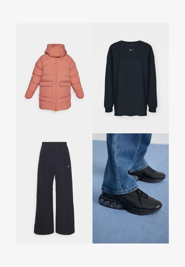 Párnázott dzseki puha korall színben, magas gallérral, elől cipzárral és két nagy kommenz-zsebbel. Rugalmas mandzsettákkal és laza szabással rendelkezik.; Fekete, hosszú ujjú pamut póló kerek nyakkivágással. Fehér Nike logó található a mellrészen. Puha tapintás, egyszerű design.; Fekete, bő szárú nadrág rugalmas derékpánttal és egy kis fehér Nike logóval. Anyaga sima tapintású, kényelmes és mindennapi viseletre lett tervezve.; Fekete sportcipők hálós felsőrésszel, textúrázott részletekkel és a talpban látható lég párnázó zsebekkel. Kék farmernadrággal viselve.