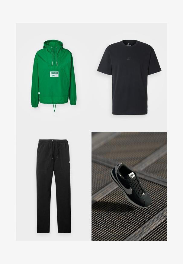 Nike Performance NBA BOSTON CELTICS ANORAK - Jachetă de vânt - clover/white/clover; Tricou din bumbac negru Nike, cu guler rotund clasic, mâneci scurte și un logo subtil embosat pe piept. Textură netedă.; Pantaloni de trening negri din fleece, cu talie elastică și șnururi, două buzunare frontale și un logo mic pe coapsă.; Pantofii sport Nike negri cu accente gri, din piele întoarsă și material textil, talpă texturată, formă îngustă și design clasic cu șireturi.
