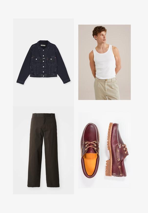 Giubbotto in denim nero con colletto classico, chiusura frontale a bottoni, due tasche sul petto e dettagli di cucitura discreti. Design corto, maniche lunghe.; Top in cotone bianco con scollo tondo e spalline larghe, abbinato a pantaloni beige chiaro con bottone e pieghe.; Pantaloni di cotone neri con design a gamba dritta, dotati di chiusura con bottone e vita classica. Texture liscia, senza pattern né accenti.; Scarpe in pelle bordeaux con suole in gomma marrone, punta rotonda, cuciture bianche e occhielli dorati. L'interno presenta un rivestimento giallo.