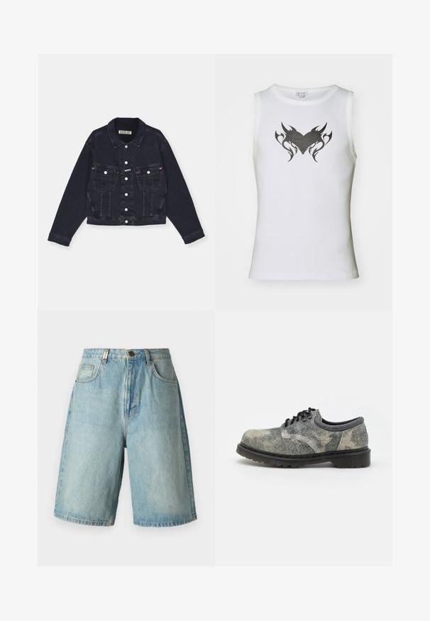 Schwarze Jeansjacke mit klassischem Kragen, vorderer Knopfleiste, zwei Brusttaschen und dezenten Steppdetails. Beschnittenes Design, lange Ärmel.; Weißes ärmelloses Oberteil aus Baumwolle mit einem schwarzen tribal Herzdesign in der Mitte. Verfügt über einen runden Ausschnitt und gerippte Textur.; Hellblaue Denim-Shorts in lässiger Passform, mit Fronttaschen, Knopfverschluss und ausgewaschenem Look mit subtilen Ausbleichungsdetails.; Schnürschuh aus strukturiertem grauen Stoff mit schwarzen Akzenten, einer dicken Gummisohle und weißen Steppnähten. Abgerundete Zehenform.