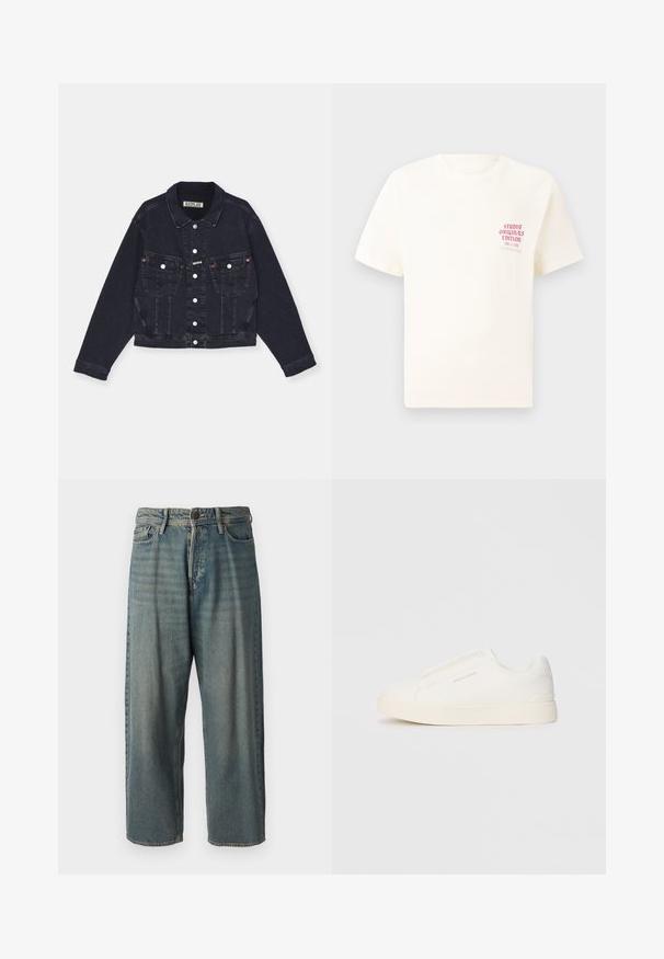 Mustast denimjakist, millel on klassikaline krae, ees nupuluku, kaks rinna-taskut ja peened pistehinged. Lühendatud disain, pikad varrukad.; Valge lühikeste varrukatega T-särk, millel on vasakul rinnal punane tekst "Studio Originals Edition", esitatud neutraalsel hallil taustal.; Heledad sinine denim-stiilis teksad, volüümse lõike, keskmise kõrgusega talje ja sirgete säärega. Omab viit taskut, vöökumme ja nööpide sulgemist.; Valged libisemiskindlad tossud tekstuuriga pinnaga, paksu tallaga ja minimalistikus disainis. Küljel on brändi logo.