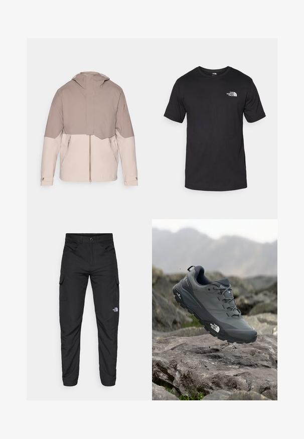 Kerge, kahetoneeline jakk, millel on pehme beež keha ja tumedamad taupe varrukad. Omab kapuutsi, esist vendo ja reguleeritavaid mansette.; Must have lühikeste varrukatega must T-särk, mis on valmistatud puuvillast, ümmarguse kaelusega ja väikese valge logoga vasakus ülanurgas.; The North Face HORIZON PANT - Õuepüksid - black; Hallhalli jooksukingad halli värvi, tekstureeritud ülemise osaga, vastupidava kummist tallaga ja tugevdatud varvaste kattega. Omab paelu ja kaubamärgi logo küljel.