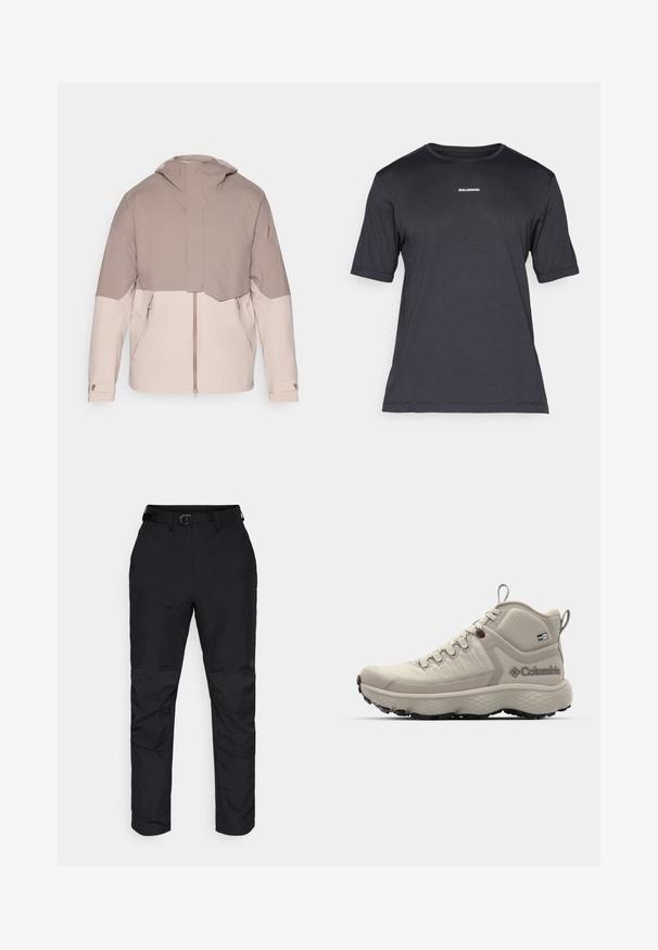 Lightweight, two-tone jacket with a soft beige body and darker taupe sleeves. Features a hood, front zipper, and adjustable cuffs.; Black short-sleeve performance t-shirt made of breathable fabric, featuring a crew neckline and small white "SALOMON" logo on the chest.; Black pants made of durable fabric with a straight cut. Features include a waistband with a belt and textured accents on the lower legs.; Columbia ESCAPE THRIVE TITANIUM MID - Hiking shoes - cloud grey/deep madeira