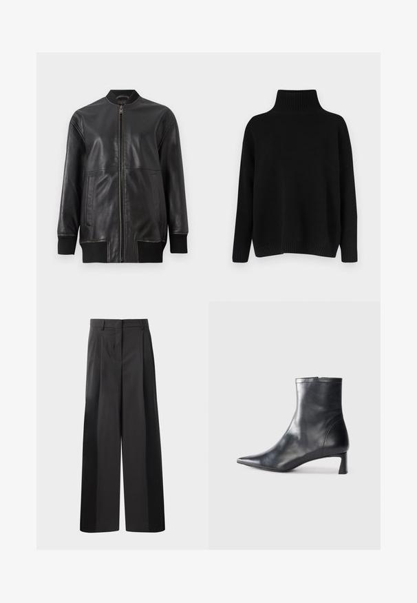 Must must-hõlmikjakk, millel on ees lukuga tõmblukk, sooneline krae, pikad varrukad ja kaks küljetaskut; sile tekstuur nähtavate õmblusdetailidega.; Mustast riidest kudumiga kampsun, millel on kõrge soonikuga krae, allapoole langetatud õlad ja lõdvestunud lõige. Omadusena soonikuga mansetid ja alumine ääreosa, mis lisavad tekstuuri.; Mustad laiad püksid kõrge vöökohaga, millel on ees voldid, sile tekstuur ja õmmeldud viimistlus. Kujundatud lõdva istuvuse saavutamiseks.; Mustad mustall nahkasaabas terava nina ja stiilse disainiga. Omab madalat konts ja luku sulgemist taga. Sile tekstuur.