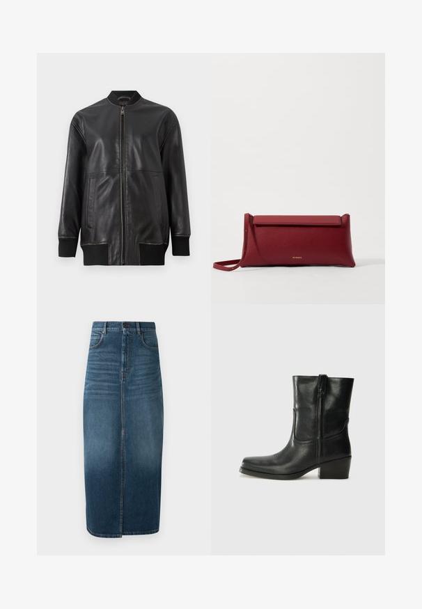 Giacca bomber in pelle nera con zip anteriore, colletto a coste, maniche lunghe e due tasche laterali; texture liscia con dettagli di cucitura a vista.; Camicia corta bianca a maniche corte con ricami floreali blu, scollatura rotonda e motivi intricati lungo la parte anteriore e le maniche.; Gonna midi in denim di colore indaco scuro, con spacco frontale e una leggera sfumatura. Design classico a cinque tasche con chiusura a bottone in metallo.; Stivale ankle in pelle nera con punta arrotondata, tacco a blocco, cerniera laterale e dettagli in cucitura sulla tomaia. Texture liscia, design classico.; Borsa a pochette rossa in pelle con finitura texturizzata, dotata di un sopra pieghevole piatto e di una tracolla corta. Logo del marchio discreto sulla parte anteriore.