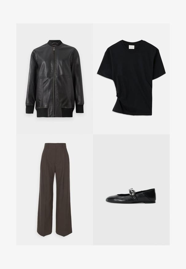 Fekete bőr bomber dzseki elülső cipzárral, bordázott gallérral, hosszú ujjakkal és két oldalsó zsebbel; sima textúrával és látható varrási részletekkel.; Fekete póló, puha pamutból készült, kerek nyakkivágással, rövid ujjakkal és enyhén csavart kialakítással, amely lazább illeszkedést biztosít.; Sötétbarna, bő szárú nadrág magas derékkal, tisztán vasalt redőkkel, sima textúrával és testhez simuló fazonnal.; Fekete bőr balettcipők, hegyes orral, kör alakú fémbújtatóval ellátott pánttal és lapos talppal.