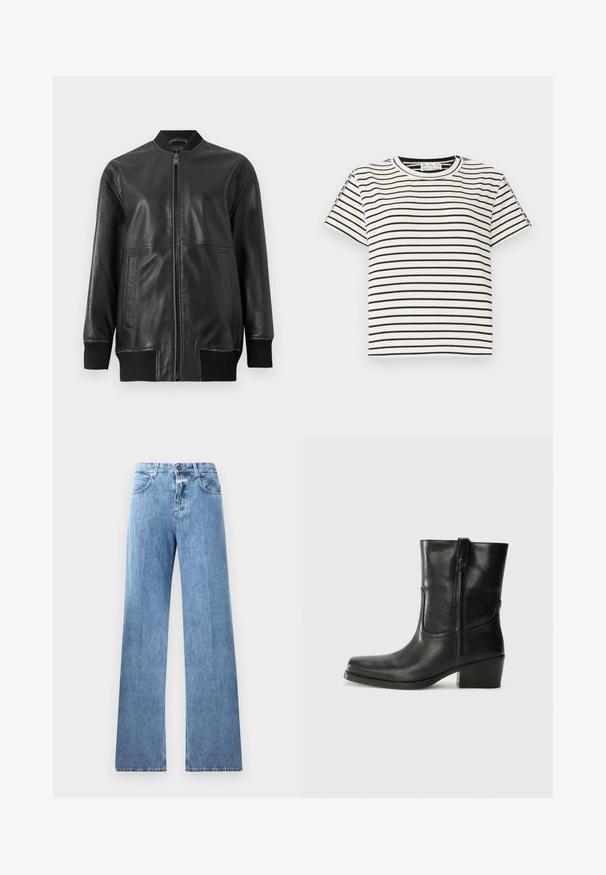 Zwarte leren bomberjack met een frontrits, geribbelde kraag, lange mouwen en twee zijzakken; gladde textuur met zichtbare stiksel-details.; Katoenen T-shirt met korte mouwen en een ronde hals, met zwarte verticale strepen op een witte achtergrond en een rechte snit.; Lichtblauwe denim jeans met een wijde pasvorm, vijf zakken, lussen voor een riem en een knoopsluiting. De stof heeft een gladde textuur.; Zwarte leren enkellaars met een ronde neus, blokhak, zijrits en stikselaccenten op de wreef. Gladde textuur, klassiek ontwerp.