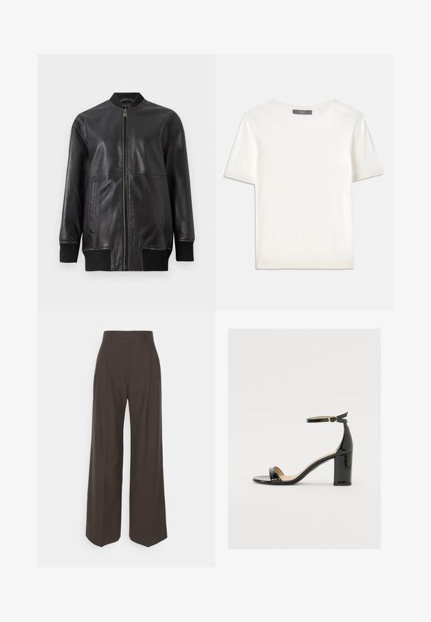 Must must-hõlmikjakk, millel on ees lukuga tõmblukk, sooneline krae, pikad varrukad ja kaks küljetaskut; sile tekstuur nähtavate õmblusdetailidega.; Valge lühikeste varrukatega soonikutega viimistletud ringkaelusega kampsun, millel on sile tekstuur.; Tumepruunid lai jalad püksid kõrge vöökohaga, millel on korralikult pressitud kortsud, sile tekstuur ja täpselt sobiv lõige.; Must musta nahk sandaalid laia kanna, avatud varvaste ja ankletihaga, millel on kuldne pandla. Sile tekstuur ja elegantne disain.