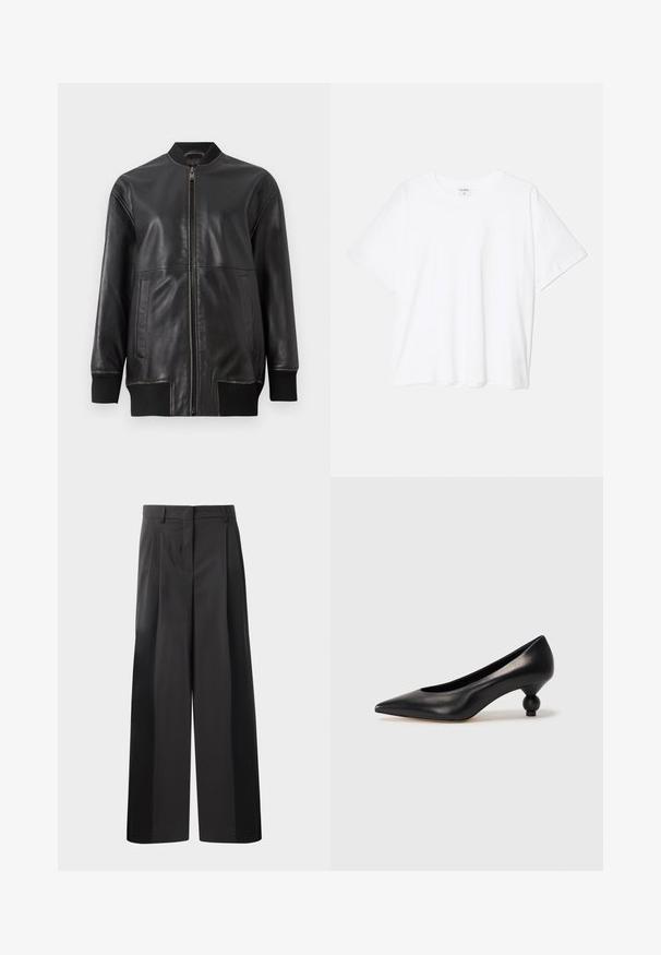 Black leather bomber jacket with a front zipper, ribbed collar, long sleeves, and two side pockets; smooth texture with visible stitching details.; White cotton t-shirt with short sleeves, round neckline, relaxed fit, and stitched hem. Label visible on the inside neck.; Black wide-leg trousers with a high waist, featuring front pleats, a smooth texture, and a tailored finish. Designed for a relaxed fit.; Black leather high heel shoe with a pointed toe and a round, balled heel. Smooth texture with a sleek, minimal design.