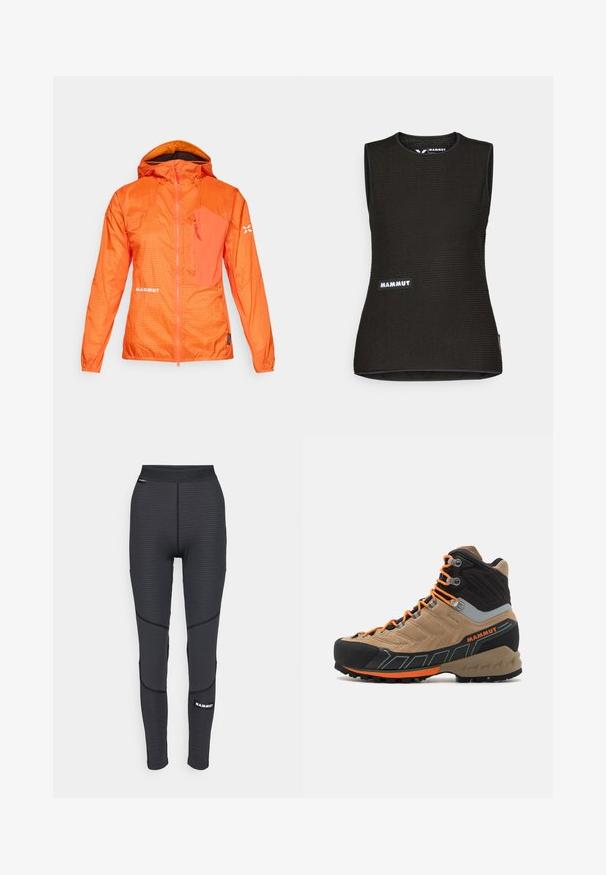 Casaco leve laranja com capuz, apresentando uma textura em grelha, bolsos com fecho éclair e uma marcação branca. Material suave e design atlético.; Camiseta preta sem mangas com um padrão texturizado, apresentando uma gola redonda e um logótipo "MAMMUT" na frente. Feita de material respirável.; Leggings atléticos pretos com painéis texturizados e costuras reforçadas, apresentando um logótipo de marca e uma cintura larga elástica.; Bota de caminhada cano alto em bege e preto com atacadores laranja, biqueira em borracha, parte superior texturizada e sola robusta. Apresenta suporte reforçado para o tornozelo.