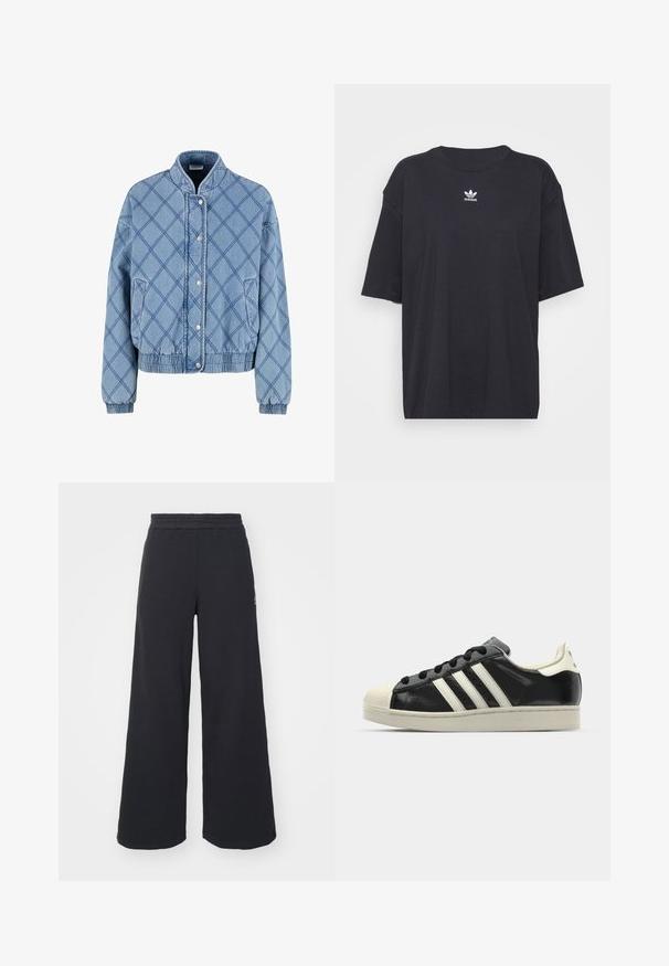 Gaiši zils iešūtu džinsu jaka ar augstu apkakli, spiedpogu aizdari, elastīgiem aprocēm un divām sānu kabatām.; Melna kokvilnas t-kreklā ar īsām piedurknēm un apaļu kakla izgriezumu, uz krūtīm ir balta Adidas logo. Vienkāršs dizains, brīvs piegriezums.; Melni platās svārku bikses, izgatavotas no mīksta auduma, ar elastīgu jostas daļu un mazu logotipu kreisajā pusē.; Melna ādas sporta apava ar baltām svītrām, gumijas purngala aizsardzību, melnām auklām un krēma krāsas zoli. Gluda tekstūra ar spīdīgu apdari.