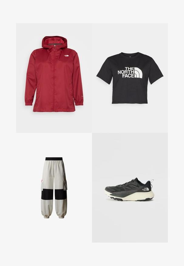 The North Face QUEST PLUS JACKET - Veekindel jope - beetroot; Must must kleidend t-särk, millel on valge logo ja kõverad aktsendid, esiküljel tekst "THE NORTH FACE". Lühikesed varrukad, ümar kaelus.; The North Face HIMALAYAN - Kargopüksid - white dune tnf black; Musty mustusjalats musta pealisega, millel on tekstuur, hallid aktsendid ja valge vaheosa. Sisaldab tõmbeosa ning silmapaistvat brändi logo kandadel.