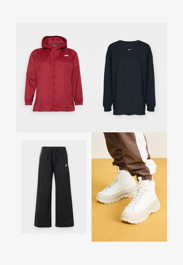 The North Face QUEST PLUS JACKET - Vodotesná bunda - beetroot; Čierne tričko s dlhým rukávom z bavlny, s okrúhlym výstrihom. Na hrudi sa nachádza biele logo Nike. Jemná textúra, jednoduchý dizajn.; Čierne tepláky z mäkkej tkaniny, s elastickým pásom a šnúrkou, bočnými pruhmi a malým logom na prednej ľavej strane.; Biele vysoké tenisky s hrubou štruktúrovanou podrážkou, majúce hladký zvršok, okrúlu špičku a zladené šnúrky, na žltom pozadí.