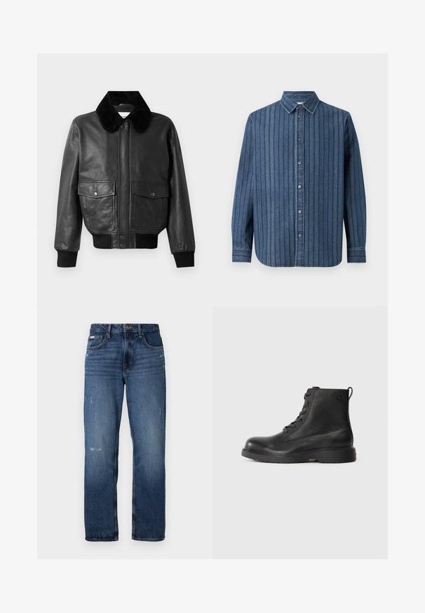 Juodas odinis bomberio švarkas su pūkuotu juodu apykakliu, dviem priekinėmis kišenėmis ir raibais rankogaliais bei juosmeniu. Lygus paviršius, užtrauktukas.; Samsøe Samsøe SADAMON SHIRT - Marškiniai - denim; Mėlynos džinsinės kelnės su tiesiu klešnių dizainu. Yra šiek tiek nusidėvėjimo ir šviesių dėmių priekyje, su klasikiniu uždarymu mygtuku.; Juodas kulkšninis botas, pagamintas iš tekstūruotos odos, su apvaliu pirštu, raištelių užsegimu ir tvirtu juodu guminiu padu. Yra kilpa ant kulno.