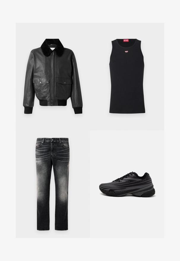 Crna kožna bomber jakna s pahuljastim crnim ovratnikom, dva prednja džepa i rebrastim manžetama i donjim rubom. Glatka tekstura, zatvaranje na patentni zatvarač.; Crna majica bez rukava od glatkog materijala, s okruglim izrezom, izrezima za ruke i malim crvenim logotipom na prsima. Jednostavan dizajn, bez rukava.; Crne traperice s izblijedjelim finišom i istrošenim detaljima, standardnim dizajnom s pet džepova i zatvaračem. Izrađene od traper tkanine.; Crna tenisica za trčanje s teksturiranim gornjim dijelom koji ima sive pruge. Debeli potplat za amortizaciju, okrugli vrh i ravne vezice za sigurno pristajanje.