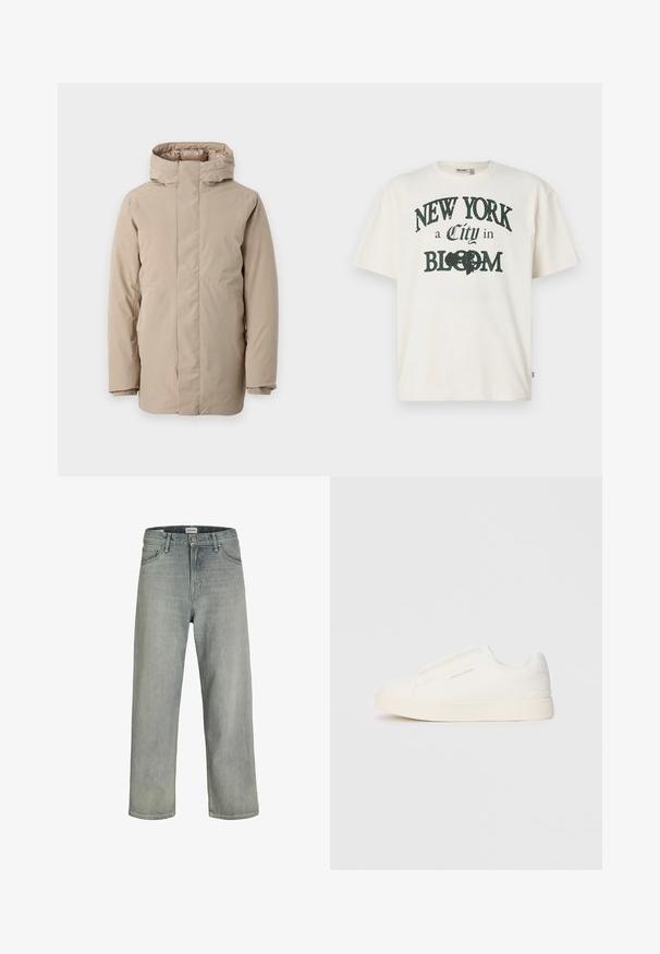 Bežna puhuča jakna z visokim ovratnikom, dolgimi rokavi in poenostavljenim dizajnom. Narejena iz gladkega blaga z vodoodbojnim premazom.; Kremno barvana bombažna majica s kratkimi rokavi, ki ima potiskan napis "NEW YORK mesto v CVETENJU" v temno zeleni barvi.; Svetlo sivi, široki traperice iz denima. Ima klasični dizajn s pet džepova, petlje za remen i ravno krojenje.; Bele zapete brez vezalk z teksturirano površino, debelim podplatom in minimalističnim dizajnom. Na strani se nahaja logotip blagovne znamke.