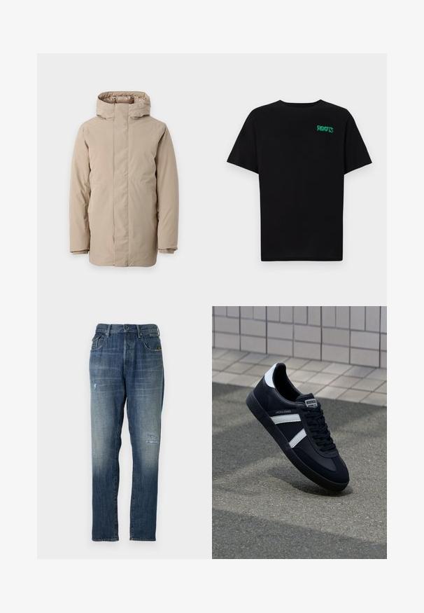 Beżowa kurtka puchowa z wysokim kołnierzem, długimi rękawami i stonowanym designem. Wykonana z gładkiego materiału o wodoodpornym wykończeniu.; Czarna koszulka z bawełny z krótkim rękawem. Posiada zielone logo "ROOTS" z przodu, okrągły dekolt i standardowy krój.; Dżinsy z denimu w wyblakłym niebieskim kolorze, o prostym kroju nogawki, umiarkowanym przetarciu z przodu oraz klasycznym pięciopocketowym stylu.; Czarne skórzane sneakersy z białymi paskami, teksturowana gumowa podeszwa i sznurowane z przodu. Posiadają metkę marki na języku.