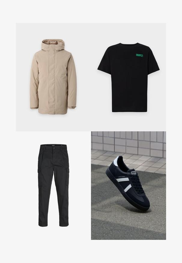 Beige színű pufferek dzseki, magas gallérral, hosszú ujjakkal és letisztult dizájnnal. Simás szövetből készült, vízlepergető felülettel.; Fekete, pamutból készült póló rövid ujjakkal. Elöl zöld "ROOTS" logóval, kerek nyakkivágással és normál szabással.; Fekete cargo nadrág, amely tartós anyagból készült, több zsebet tartalmaz, gombos záródással rendelkezik, és karcsú szabású, szűkített lábakkal bír.; Fekete bőr sportcipő fehér csíkokkal, textúrált gumitalppal és fűzős elejével. A nyelvén márkás címke található.