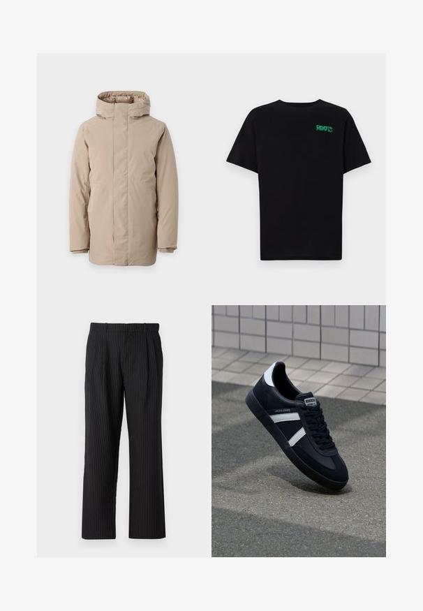 Beige pufferjack met hoge kraag, lange mouwen en een gestroomlijnd ontwerp. Gemaakt van gladde stof met een waterafstotende afwerking.; Zwarte T-shirt van katoen met korte mouwen. Heeft een groen "ROOTS" logo op de voorkant, een ronde halslijn en een standaard pasvorm.; Jack & Jones JPSTBILL JJDAYTONA WIDE - Broek - black; Zwarte leren sneaker met witte strepen, een gestructureerde rubberen zool en vetersluiting aan de voorkant. Voorzien van een merklabel op de tong.