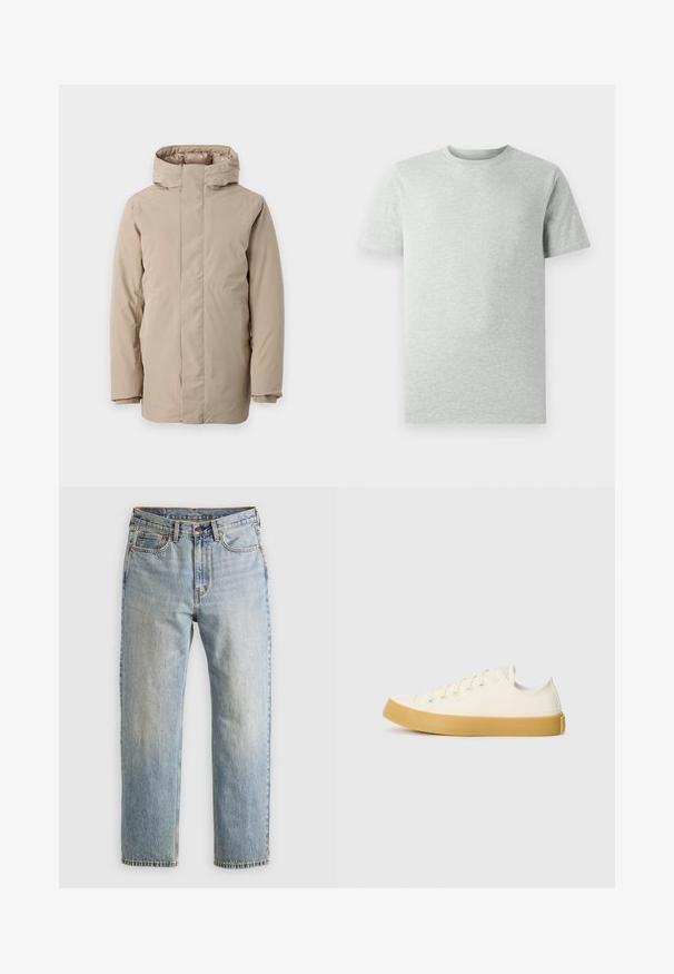 Giacca puffer beige con colletto alto, maniche lunghe e design aerodinamico. Realizzata in tessuto morbido con finitura resistente all'acqua.; Maglietta a maniche corte grigia chiara, girocollo, mostrata su uno sfondo bianco, vista frontale senza loghi o design visibili.; Jeans in denim azzurro chiaro con vita alta, bottone anteriore, cerniera e design a cinque tasche, adagiati su uno sfondo neutro.; Sneakers in tela di colore avorio con punta rotonda, dotati di suole in gomma beige e cinque occhielli per i lacci, finitura texturizzata sulla parte superiore.
