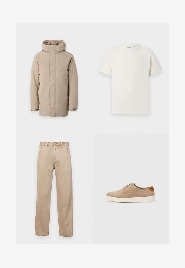 Bež puffer jakna s visokim ovratnikom, dugim rukavima i aerodinamičnim dizajnom. Izrađena od glatkog materijala s vodootpornim premazom.; Bijela kratka majica s kratkim rukavima u rebrastoj teksturi. Okrugli izrez, ležeran kroj, bez vidljivih uzoraka ili akcenta. Jednostavan i svestran dizajn.; Bež teksas traperice ravnog kroja, s prednjim džepovima, metalnim zakopčavanjem i suptilnom teksturom.; Bež nubuk tenisice s okruglim vrhom, vezanjem sprijeda i teksturiranim stražnjim naglaskom. Bijela gumena potpetica pruža kontrast. Jednostavan i moderan dizajn.