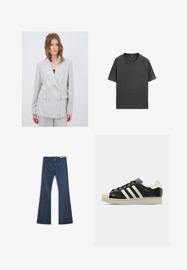 Lichtgrijze double-breasted blazer met subtiele verticale strepen, ingeknikte revers, twee voorkruiszakken en ronde knopen. Gestructureerde stof.; Donkergrijze korte mouwen t-shirt van zacht katoen. Beschikt over een klassieke ronde hals en rechte zoom zonder patronen of accenten.; Donkerblauwe flare jeans van denim met gestikte zakken, een knoopsluiting en een soepele textuur. Beschikt over een klassieke vijfzakkenontwerp.; Zwarte leren sneaker met witte strepen, rubberen teenbescherming, zwarte veters en een crèmekleurige loopzool. Glad oppervlak met een glanzende afwerking.