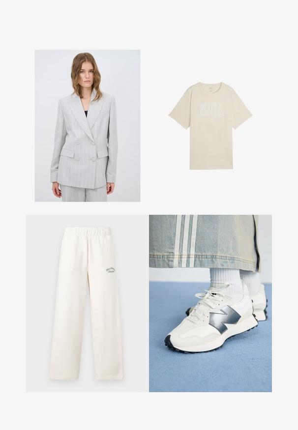 Vaaleanharmaa kaksoisnapitettu bleiseri, jossa on hienovaraiset pystysuorat raidat, lovetut kaulukset, kaksi etutaskua ja pyöreät napit. Teksturoitu kangas.; Vaaleanbeige puuvillapaita rentoa istuvuutta, jossa on valkoinen graafinen printti, jossa lukee "PUMA sports club" ja pieni logo ylhäällä.; Valkoiset leveälahkeiset housut, jotka on valmistettu pehmeästä materiaalista ja joissa on joustava vyötärö. Edessä on hillitty vihreä brodeerattu teksti.; Valkoiset urheilukengät hopea-akcentilla, teksturoitua kangasta ja sileää nahkaa; mustalla kumipohjalla ja nauhoilla varustettuna.