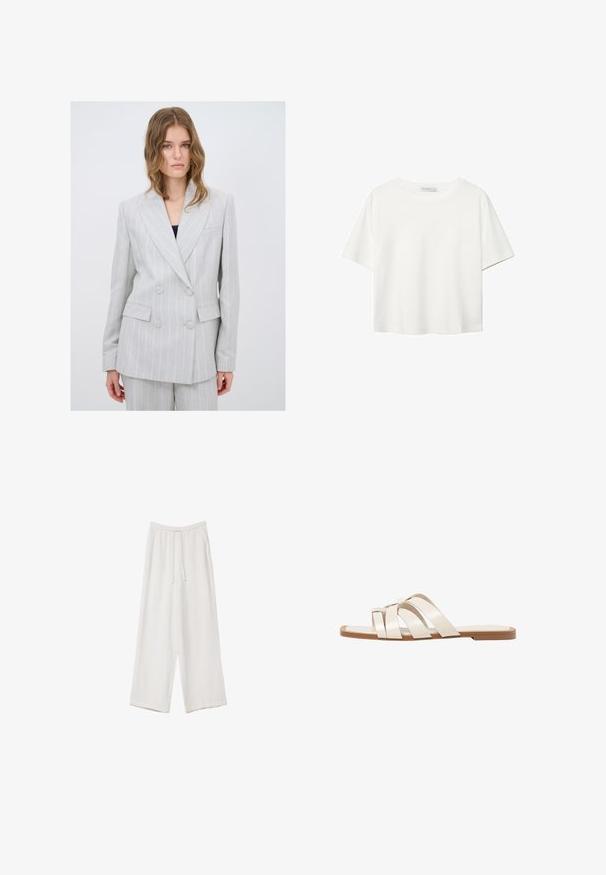 Blazer doppiopetto grigio chiaro con righe verticali, revers a lancia, due tasche frontali e bottoni circolari. Tessuto con texture liscia.; T-shirt bianco a maniche corte realizzato in cotone. Presenta un collo tondo e una vestibilità rilassata. Texture liscia senza motivi o dettagli visibili.; Pantaloni a gamba larga bianchi realizzati in un tessuto leggero. Presentano una vita elastica con cordoncino e tasche laterali. Texture liscia.; Infradito con suola in gomma color talpa, progettate con tre cinturini in pelle bianca sovrapposti e un piccolo dettaglio a fiocco al centro.