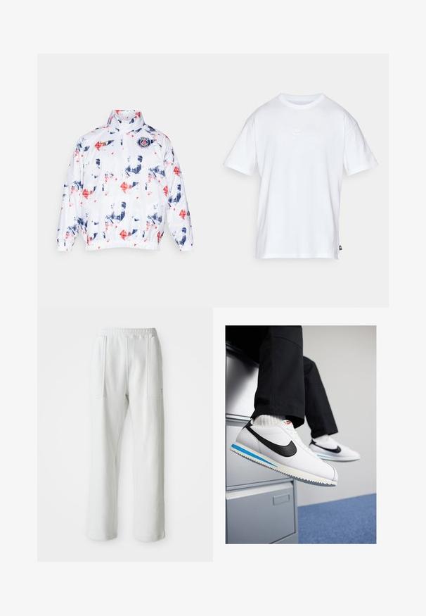 Nike Performance PARIS ST GERMAIN NIKE ANORAK JACKET GX - Vereinsmannschaften - white/metallic gold; Weißes Baumwoll-T-Shirt mit kurzen Ärmeln und Rundhalsausschnitt. Verfügt über ein kleines, dezentes Nike-Logo auf der Brust und ein seitliches Etikett.; Weiße Freizeithose mit elastischem Bund und großen, vorderen Taschen, auf einem schlichten, hellen Hintergrund dargestellt.; Weisse Ledersneaker mit schwarzem Nike-Swoosh, hellblauem und grauem Gummisohle sowie klassischem Schnürdesign. Füße ruhen auf einem Aktenschrank.