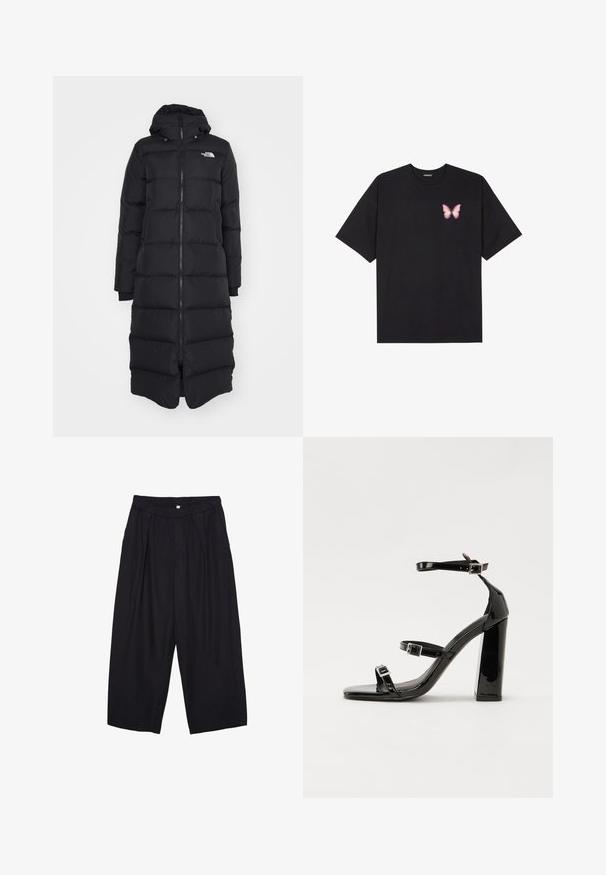 The North Face TRIPLE C PARKA - Dunfrakker - black; Sort bomulds T-shirt med korte ærmer, prydet med en lille pink sommerfugl grafik på venstre bryst. Rund hals design med en afslappet pasform.; Sorte polyester culotte bukser med elastisk talje, to forpiber og en løs silhuet. Ingen synlige mønstre eller hardware detaljer.; Sorte patenterede hælsandaler med firkantet tå, ankelremme og sølvspænder. Har en chunky blokHæl for stabilitet.