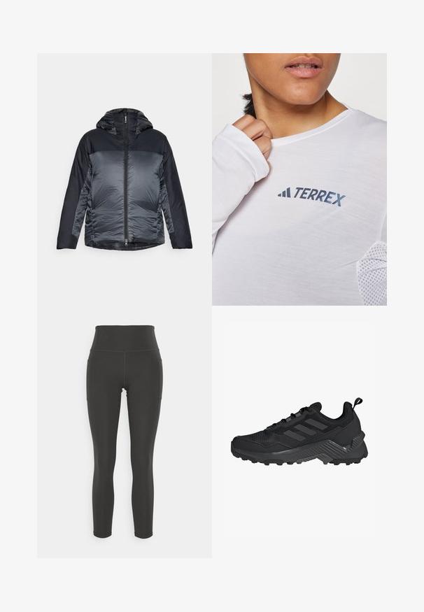 Giubbotto piumino con cappuccio e zip frontale, caratterizzato da una sezione superiore grigia scura e una sezione inferiore grigia chiara con texture. Tessuto morbido, design leggero.; Camicia bianca a maniche lunghe con logo blu "TERREX". Il tessuto è leggero e presenta dettagli in rete testurizzata sulle spalle.; Leggings neri a vita alta realizzati in tessuto elastico con una trama liscia; presentano tasche laterali e cuciture piatte per un comfort aggiuntivo.; Scarpa da atletica nera con tomaia in mesh, design a tre strisce, tallone sagomato e suola robusta con tasselli di trazione prominenti.