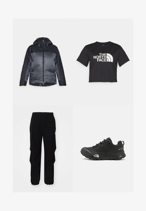 Hooded puffer jacket with a front zip, featuring a dark gray upper section and a textured light gray lower section. Soft fabric, lightweight design.; Black cropped t-shirt made of cotton, featuring a white logo with curved accents and text "THE NORTH FACE" on the front. Short sleeves, crew neck.; Black outdoor pants made from durable material, featuring a relaxed fit, elastic waistband, and cinched cuffs for adjustable length.; Black hiking shoe with a textured upper, lace closure, and a chunky rubber sole featuring a prominent logo on the side and tread patterns.