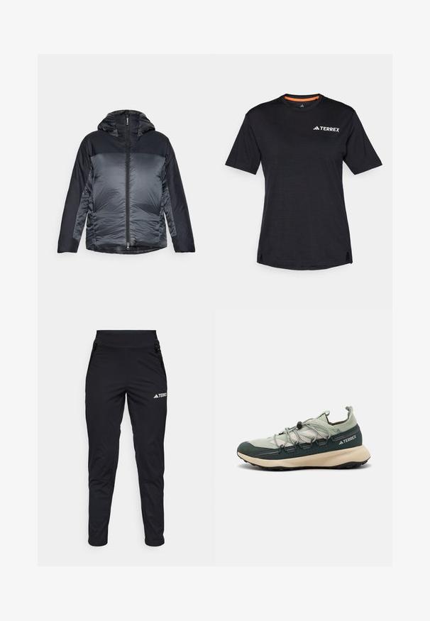 Kapišoninė pūkinė striukė su priekiniais užtrauktukais, turi tamsiai pilką viršutinę dalį ir tekstūruotą šviesiai pilką apatinę dalį. Minkšta medžiaga, lengvas dizainas.; Juodas trumpas rankovės marškinėliai su apvaliu kaklu, su subtiliu melange tekstūra ir baltu "TERREX" logotipu viršutiniame kairiajame kampe.; Juodos sportinės kelnes su lygia medžiaga, turinčios prigludusį dizainą, užtrauktukais uždaromas kišenes ir tekstūruotą apatinę kojų dalį. Logotipas atspausdintas priekyje.; Žali ir smėlio spalvos lauko batai su tinkliniu ir zomšiniais viršutiniais sluoksniais, elastingais raišteliais ir tvirtu padu, skirtu sukibimui. Lengvas dizainas su perforacijomis.