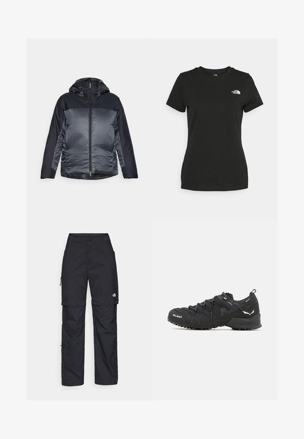 Hooded pufferjack met een ritssluiting aan de voorkant, met een donkergrijze bovenkant en een gestructureerde lichtgrijze onderkant. Zacht materiaal, lichtgewicht ontwerp.; Zwarte katoenen t-shirt met een ronde hals en korte mouwen. Opvallend wit logo op de bovenlinker kant. Soepele textuur, casual pasvorm.; Zwarte nylon cargo broek met afneembare pijpen, verstelbare manchetten, meerdere zakken en een logo op het rechterbeen. Gladde, lichte textuur.; Zwarte wandelschoenen met een bovenkant van textuurstof, een vetersysteem en een robuuste rubberen zool. Verfraaid met reflecterende details en logo's.