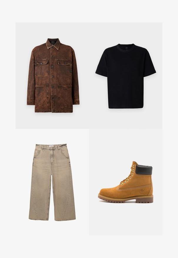 Ruskea farkkutakki, jossa on neljä etutaskua, nappikiinnitys ja hillitty kulunut pinta. Tässä on kontrastiväriset ompeleet ja klassinen kaulus.; Musta puuvillapaita, jossa on pyöreä pääntie, lyhyet hihat ja suora leikkaus. Ominaisuuksiin kuuluu minimaalinen ommel ja pehmeä, sileä tekstuuri.; PULL&BEAR MEGA BAGGY - Baggy-farkut - light grey; Valkoinen nahkainen nilkkuri mustalla pehmustetulla kauluksella, kultaisilla metallisilla rei'illä, valkoisella ompeluksella ja jykevällä kumipohjalla, jossa on selvästi näkyvät urat.