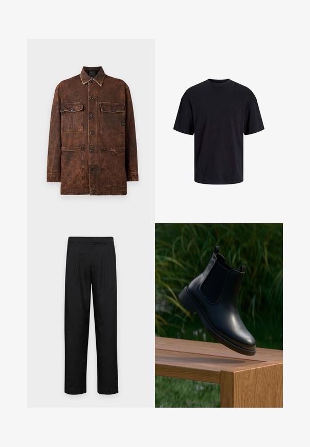 Brun denimjacka med fyra framfickor, knappstängning och en subtil sliten yta. Har kontrastsöm och en klassisk krage.; Svart bomullströja med rundad halsringning, korta ärmar och avslappnad passform. Slät textur utan synliga mönster eller detaljer.; Svarta byxor i slät väv, med rak ben-design, två framfickor och standardmidja med bälteshällor.; Svart läderankelboot med elastiska sidopaneler svävande ovanför en träbänk, med grön växtlighet i bakgrunden.