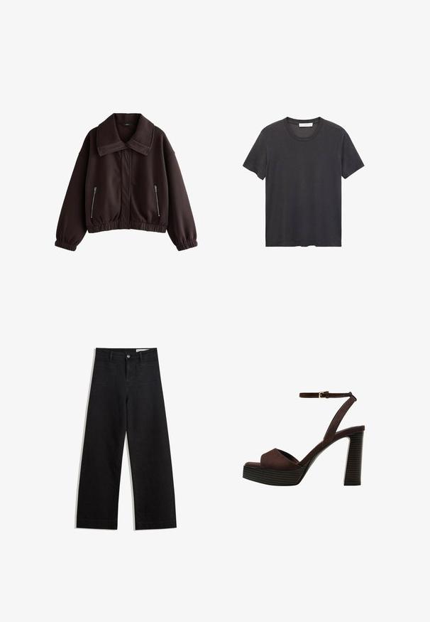 Donkerbruine cropped jack van gladde stof, met een grote kraag, elastische manchetten en twee ritszakken aan de zijkant.; Zwarte crew-neck t-shirt gemaakt van zachte katoen. Korte mouwen, relaxte pasvorm en rechte zoom zonder versieringen of patronen.; Zwarte denim broek met wijde pijpen en een hoge taille, voorzien van voor- en achterzakken, gestikte naden en een knoopsluiting. Gladde textuur.; Bruine suède high-heeled sandaal met een open teen, verstelbare enkelband en een gestreepte plateauzool.