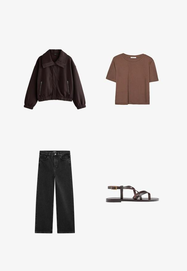 Dunkelbraune, taillierte Jacke aus glattem Material, mit großem Kragen, elastischen Bündchen und zwei zippered Seitentaschen.; Braunes, kurzärmliges T-Shirt aus weichem Material mit rundem Halsausschnitt und lockerer Passform. Keine sichtbaren Muster oder Akzente.; Weite schwarze Denim-Jeans mit feinem vertikalen Streifenmuster, ausgestattet mit einem Fünf-Taschen-Design und einem klassischen Knopfverschluss an der Taille.; Braune Leder-Sandale mit überkreuzten Riemen, einem Knöchelriemen mit Schnalle und einer flachen Sohle mit minimalen Nähdetails.