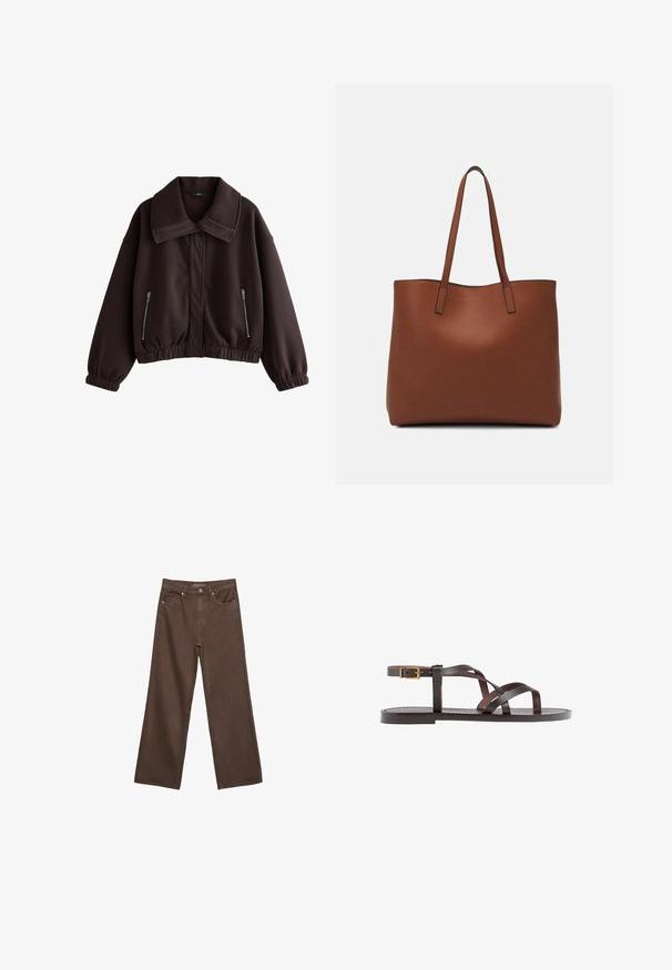 Tmavě hnědá zkrácená bunda z hladkého materiálu, s velkým límcem, elastickými manžetami a dvěma bočními kapsami na zip.; Bílý krátký rukáv tričko vyrobené z bavlny. Má kulatý výstřih a volný střih. Hladký materiál bez viditelných vzorů nebo akcentů.; Hnědé džíny s širokými nohavicemi vyrobené z denimu, s vysokým pasem, předními kapsami a klasickým zapínáním na knoflík. Hladká textura s jemným švem.; Hnědé kožené sandály s kříženými pásky, uzavřením na přezku u kotníku a plochou podrážkou s minimem švů.; Hnědá kožená taška přes rameno s hladkou texturou, otevřeným designem a dvěma ramenními popruhy. Obsahuje minimální švy a žádné viditelné kovové prvky.