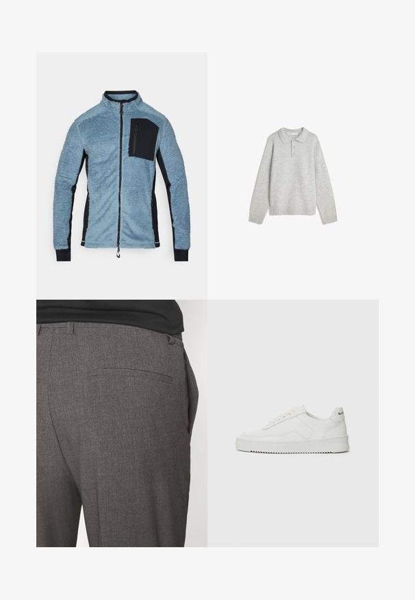 Fleece jasje in lichtblauw met zwarte accenten. Voorzien van een ritssluiting aan de voorkant, hoge kraag en een ritstas op de borst. Zacht, textuurstof.; Grijze gebreide trui met een kraag, drie voorste knopen en een geribde zoom. De stof lijkt zacht en gestructureerd, met een relaxte pasvorm.; Grijze op maat gemaakte broeken met een gladde textuur, voorzien van een enkele achterzak en een slim fit ontwerp. De stof heeft een subtiel patroon.; Witte leren sneaker met een gladde afwerking, ronde neus, platte veters en een gestructureerde zool. Kenmerkt zich door een subtiel logo op de hiel.