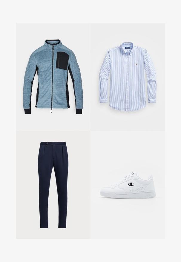 Jachetă din fleece de culoare albastru deschis, cu accente negre. Dispune de un fermoar frontal, guler înalt și un buzunar pe piept cu fermoar. Material moale, texturat.; Cămașă cu dungi albastre deschise și albe, cu guler clasic, mâneci lungi și un mic logo brodat pe piept.; Pantaloni personalizați bleumarin, cu față plată, două plinuri frontale și un sistem de închidere cu un singur nasture, având un material neted și texturat.; Adidași albi pentru sport, cu o parte superioară din material sintetic neted, accent cu logo negru și detalii perforate pe lateral. Talpă din cauciuc.