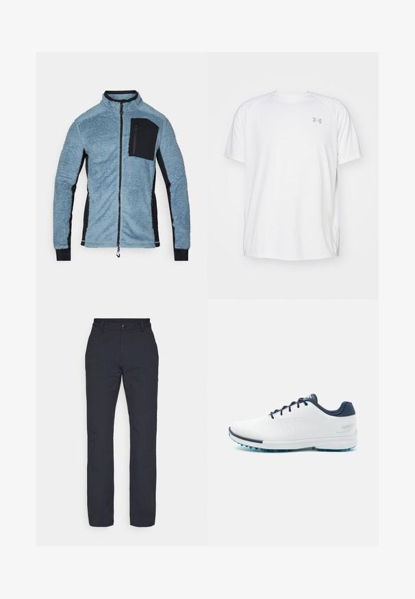 Fleecová bunda v svetlomodrej farbe s čiernymi akcentmi. Má zips vpredu, vysoký golier a zipsovú náprsníkovú kapsu. Mäkká, textúrovaná tkanina.; Biele atletické tričko s krátkym rukávom vyrobené z hladkej tkaniny. Má okrúhly výstrih a šedé logo na ľavej hrudi, so štrbinami po stranách na leme.; Čierne nohavice s rovnými nohavicami a hladkým povrchom, so pásom na gombík a bez viditeľných vzorov či akcentov.; Biele atletické topánky s hladkým syntetickým vrchom, modrými akcentmi, texturovaným námorníckym opätkom a ľahkou, hrotovanou podrážkou pre trakciu.