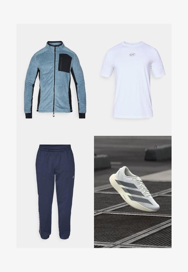 Giacca in pile di colore azzurro chiaro con accenti neri. Presenta una zip frontale, un colletto alto e una tasca sul petto con zip. Tessuto morbido e testurizzato.; Maglietta atletica bianca a maniche corte realizzata in tessuto a rete leggero e traspirante. Presenta un collo tondo e un logo circolare EA7 sul petto.; Pantaloni della tuta blu navy realizzati in tessuto morbido, con vita regolabile con cordino, tasche laterali e un logo stampato lungo la gamba sinistra.; Scarpa da ginnastica bianca con tomaia in mesh strutturato, caratterizzata da strisce grigie e suola ammortizzata. Design leggero adatto alla corsa.
