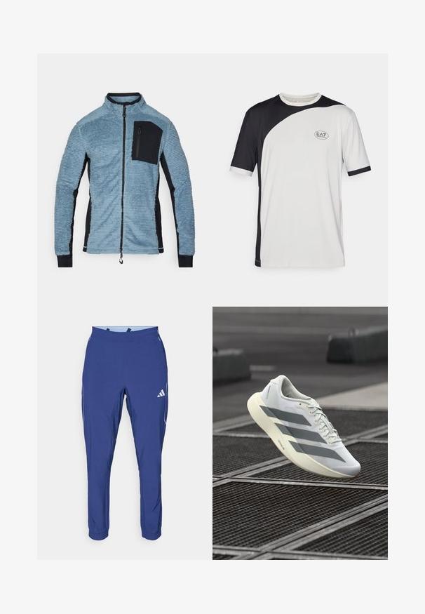 Fleece jakna v svetlo modri barvi z črnimi detajli. Ima zadrgo spredaj, visok ovratnik in zadrgo na prsnem žepu. Mehka, teksturirana tkanina.; Majica s kratkimi rokavi v črno-belem barvnem bloku, izdelana iz lahkega materiala. Vključuje logotip EA7 na prsih.; adidas Performance TECH APP - Spodnji deli trenirk - dark blue/glow blue; Bela športna obutev z zgornjim delom iz teksturirane mrežice, opremljena s sivimi črtami in podloženim podplatom. Lahka zasnova, primerna za tek.