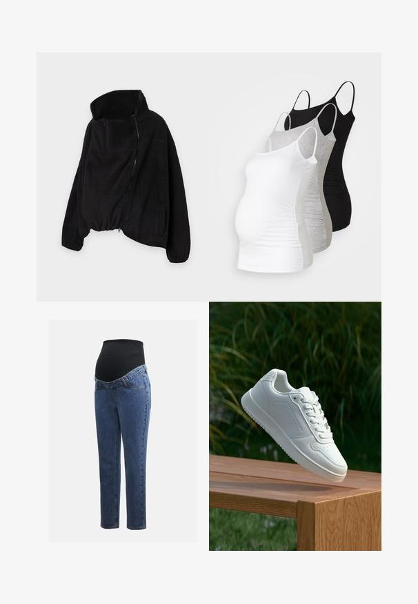 Schwarze Fleecejacke mit hohem Kragen, Reißverschluss vorne und elastischem Saum. Verfügt über eine Brusttasche und Seitentaschen. Weicher, strukturierter Stoff.; Drei Still-Tanktops in Weiß, Grau und Schwarz. Dehnbare Stoffe mit verstellbaren Spaghettiträgern und gerafften Seitennähten für zusätzlichen Komfort.; Schwangerschaftsjeans mit blauen Denimbeinen und einem schwarzen elastischen Bauchpanel, das dazu entworfen wurde, den wachsenden Bauch zu stützen und zu bedecken.; Weiße Sneaker mit einem glatten, synthetischen Obermaterial, perforierter Zehenbox, flachen Schnürsenkeln und einer strukturierten Sohle, präsentiert auf einer Holzoberfläche.