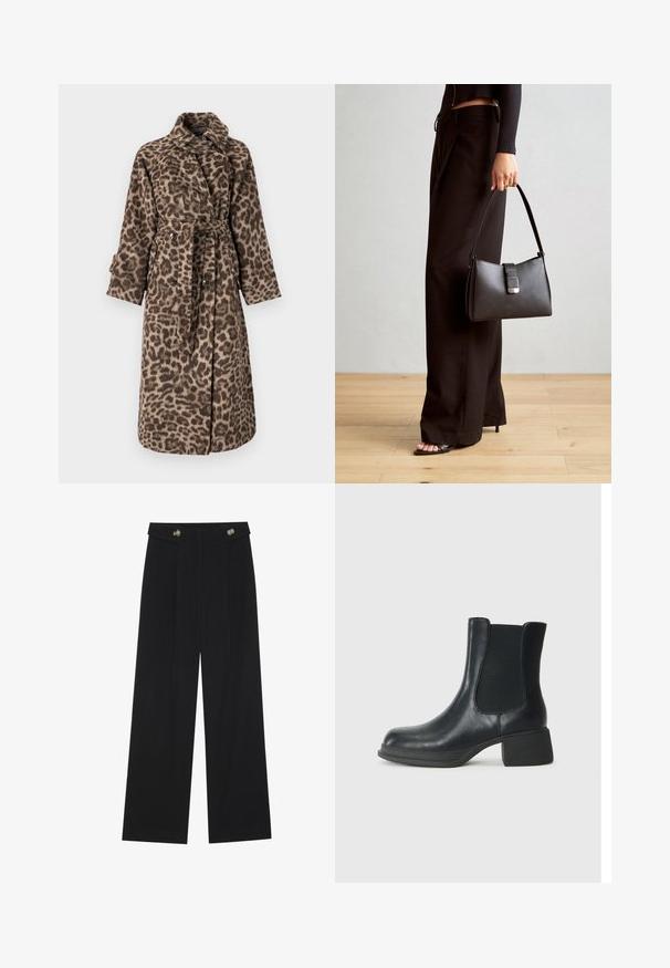 Leopardi mustriga salli, millel on vöökoht, pikad varrukad ja krae. Valmistatud pehmest, tekstuurses riidest pruunides ja beežides toonides.; Mustsärgid musta tooniga, pika varrukaga, flöödid käised, pehme tekstuur ja vabalt langev lõige, lihtsa ümaraga kaelusega.; Mustad laiad püksid kõrge vöökoha ja nööpdetailidega vööandil, esikortsudega.; Mustadast mustast nahast pahkluu saabas, millel on elastsed külgpaneelid, ümar varvas ja madal plokk kand. Pinndl on sile tekstuur ja minimaalne detailide arv.; Must musta kott, millel on struktureeritud kuju, sile tekstuur ja metallist klamber. Kombineeritud laiate mustade pükstega ja avatud varvaste sandaalidega puidust põrandal.