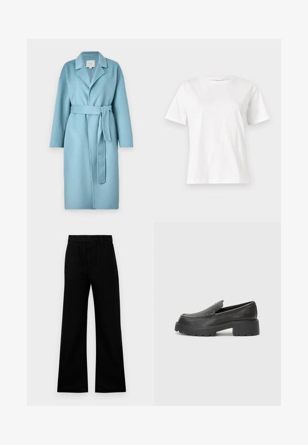 Casaco envolvente azul-claro em lã, com gola recortada, mangas longas, cinto de laço e acabamento de tecido texturizado.; T-shirt de algodão branco com mangas curtas, decote redondo e um corte descontraído. Textura suave, sem padrões ou detalhes, design minimalista.; Calças largas pretas feitas de um tecido suave, com uma cintura alta, apresentando um fecho com botão e passantes para cinto, oferecendo um ajuste estruturado.; Mocassins de couro preto com bico arredondado, sola espessa e texturizada, e detalhes de costura minimalistas. Design elegante sem atacadores ou ferragens visíveis.