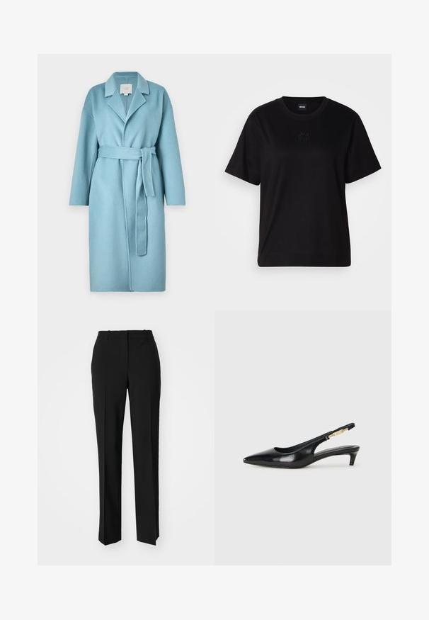 Heledad sinine villane koot, millel on sälgkaelus, pikad varrukad, nööritav vöö ja tekstureeritud kangas.; Mustmust särk, millel on ümar kaelus, lühikesed varrukad ja tindiga tikitud logo rinnal. Lihtne, mugav lõige ilma mustriteta.; Mustad ja sirged püksid, millel on sile tekstuur ja teravad voldid esiosas. Ilma nähtavate detailideta.; Mustad nahast slingback kontsad terava ninaga, millel on õhuke konts ja kuldse tooni aktsent reguleeritaval rihmal. Sile tekstuur.
